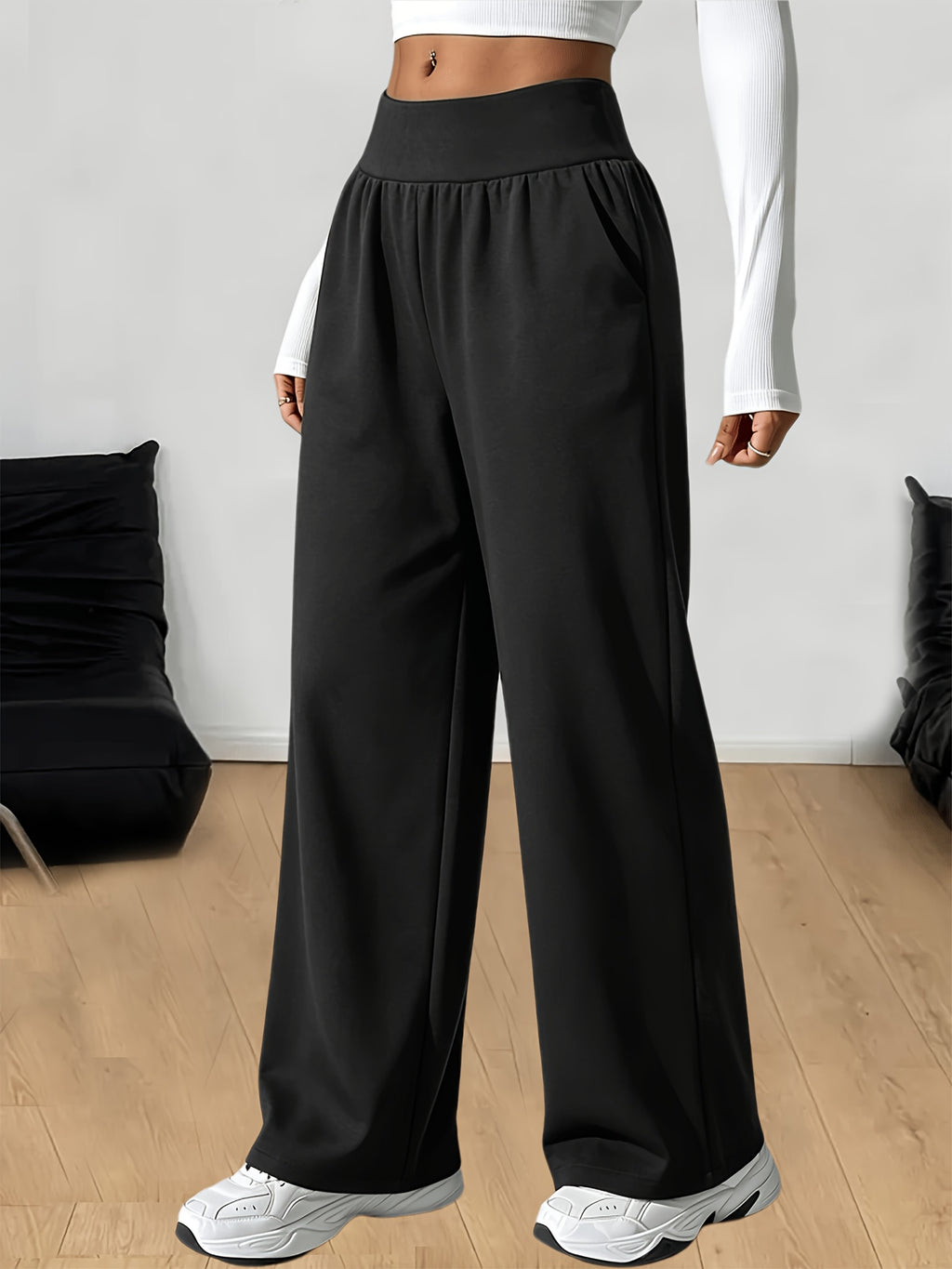 Women's High-Waisted Stretch Straight-Leg Pants - Elegant Loose-Fit Trousers with Pockets, Solid Color Athletic & Casual Wear Suitable for Training, Gym,, Everyday - Machine Washable Comfortable Wide-Leg Pants - Black