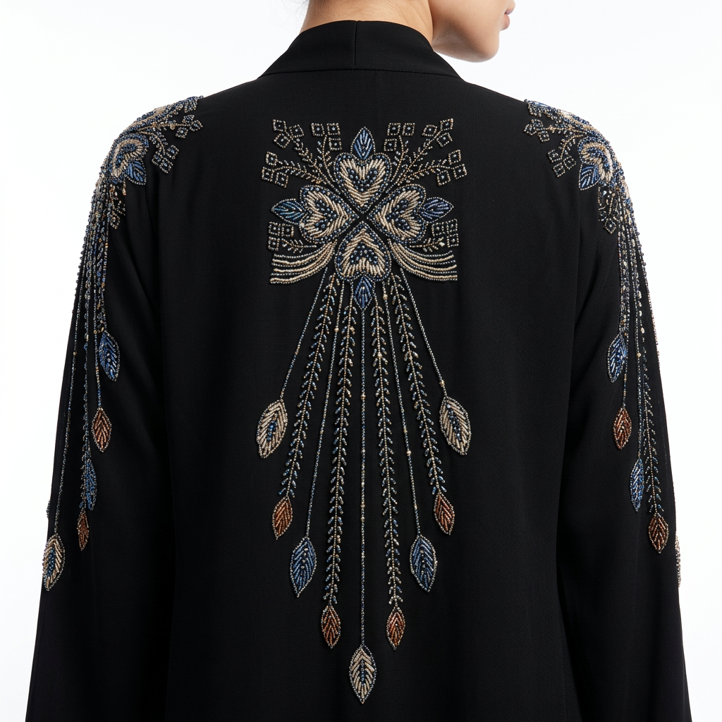 Black Cascade Blue Leaf Beaded Abaya