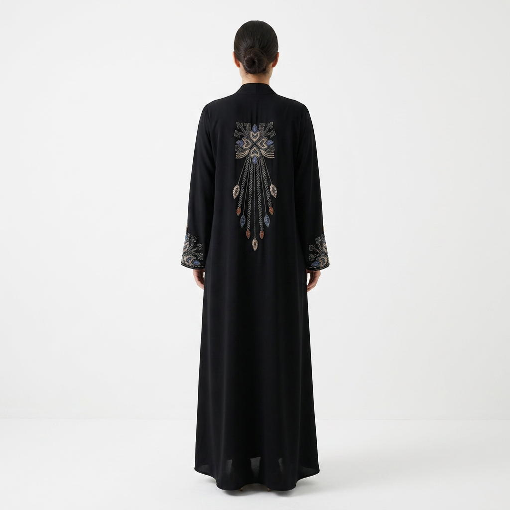Black Cascade Blue Leaf Beaded Abaya