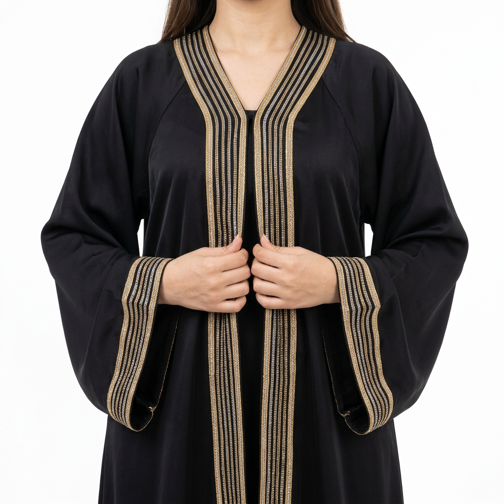 Black Gold Multi Stripe Front Panel Abaya