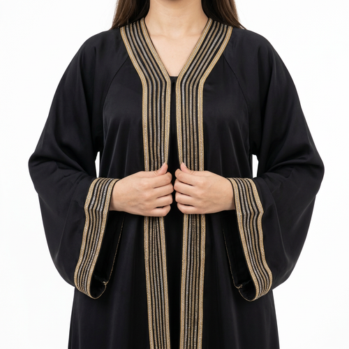 Black Gold Multi Stripe Front Panel Abaya