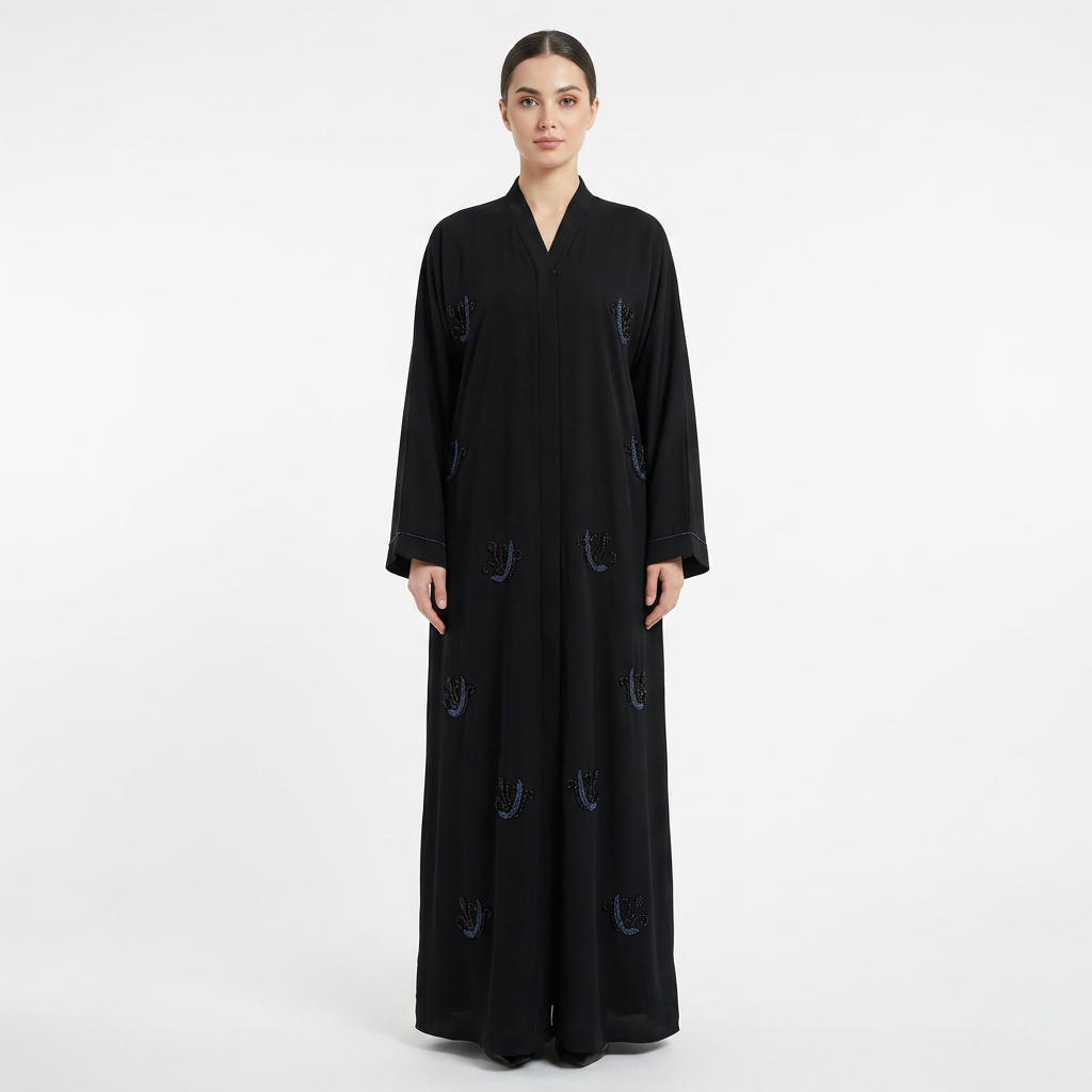 Black Blue Tonal Leaf Scattered Abaya