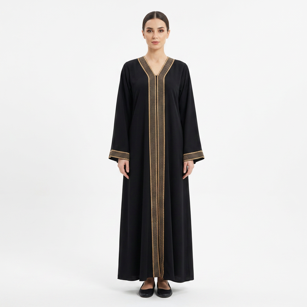 Black Gold Multi Stripe Front Panel Abaya