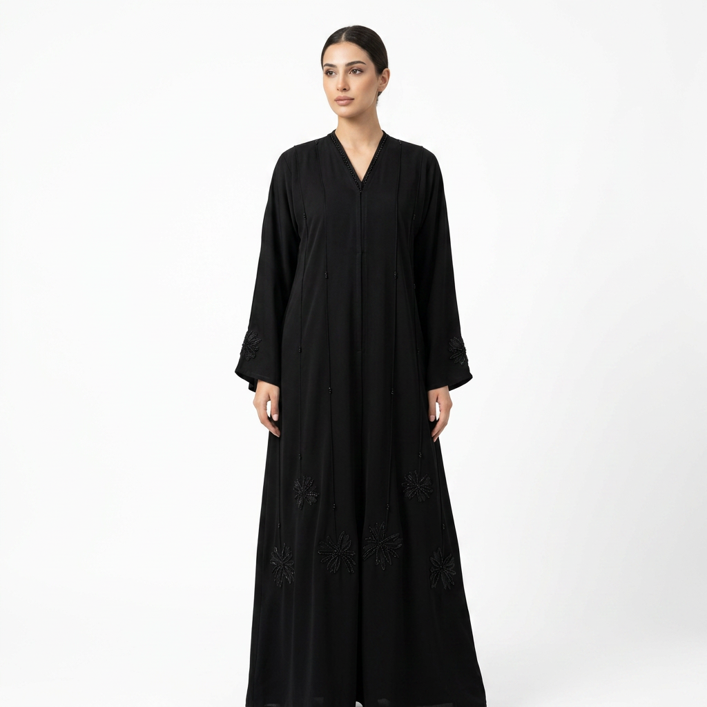 Black Tonal Starburst Cuff Bead Stripe Abaya