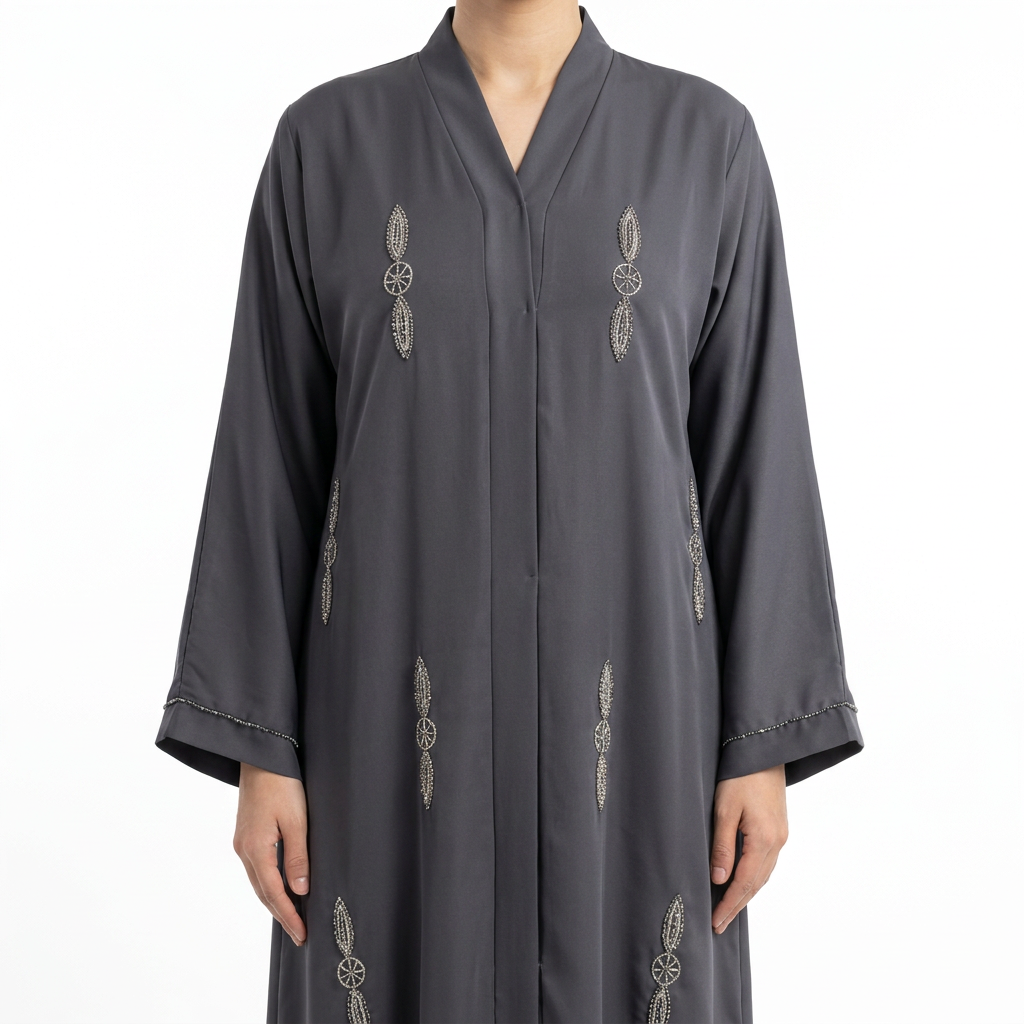 Charcoal Grey Silver Crystal Leaf Wheel Scattered Abaya