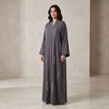 Charcoal Grey Silver Crystal Leaf Wheel Scattered Abaya