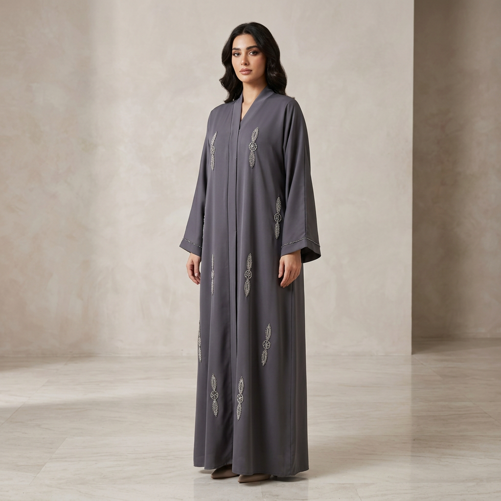 Charcoal Grey Silver Crystal Leaf Wheel Scattered Abaya