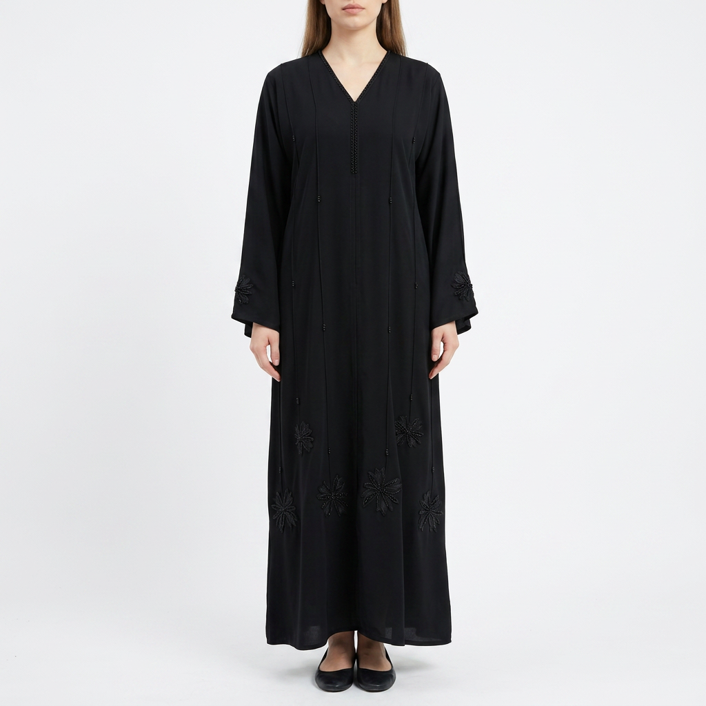 Black Tonal Starburst Cuff Bead Stripe Abaya