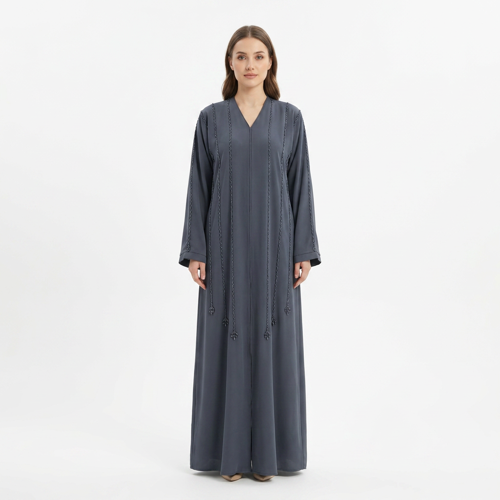 Charcoal Grey Tonal Braided Rope Tassel Stripe Abaya