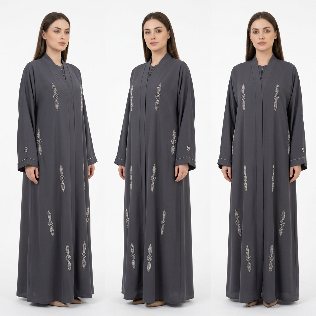 Charcoal Grey Silver Crystal Leaf Wheel Scattered Abaya