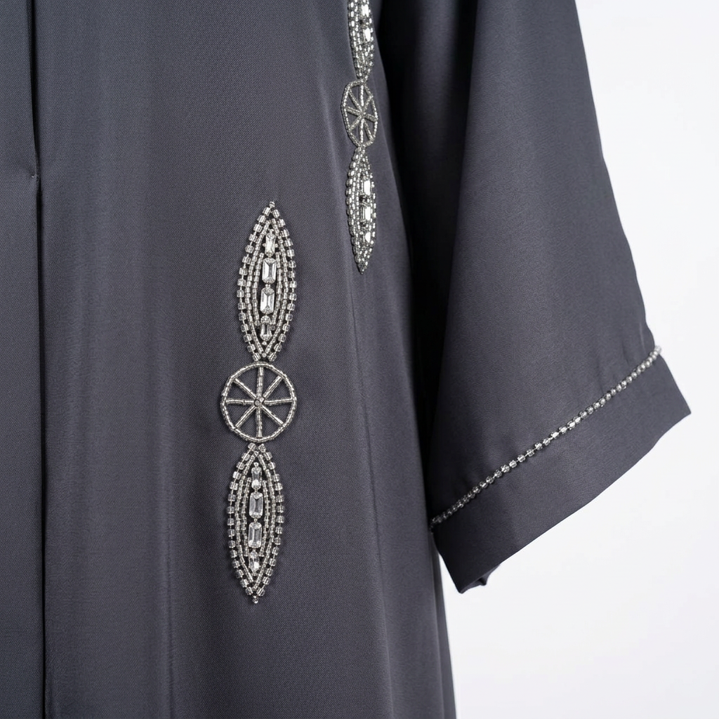 Charcoal Grey Silver Crystal Leaf Wheel Scattered Abaya