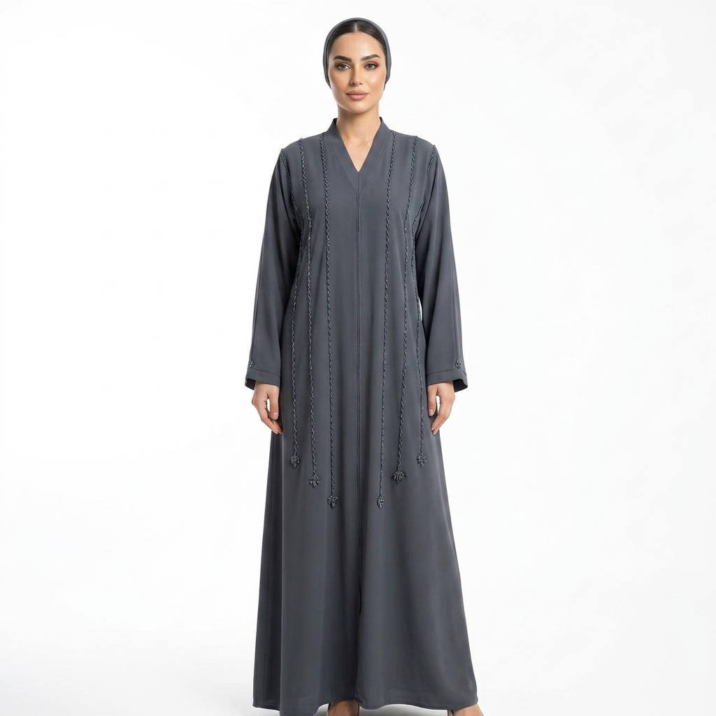 Charcoal Grey Tonal Braided Rope Tassel Stripe Abaya