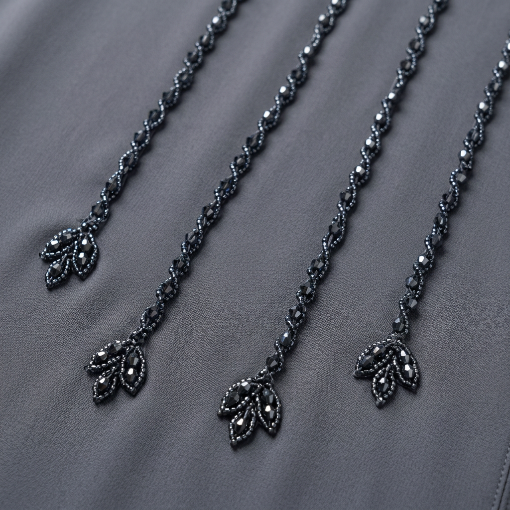 Charcoal Grey Tonal Braided Rope Tassel Stripe Abaya