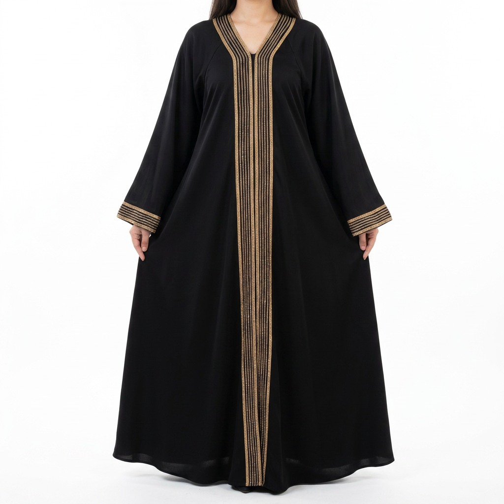 Black Gold Multi Stripe Front Panel Abaya