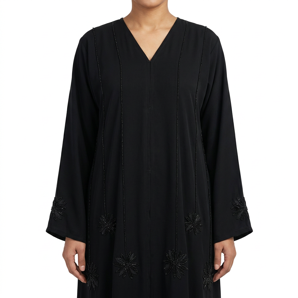 Black Tonal Starburst Cuff Bead Stripe Abaya