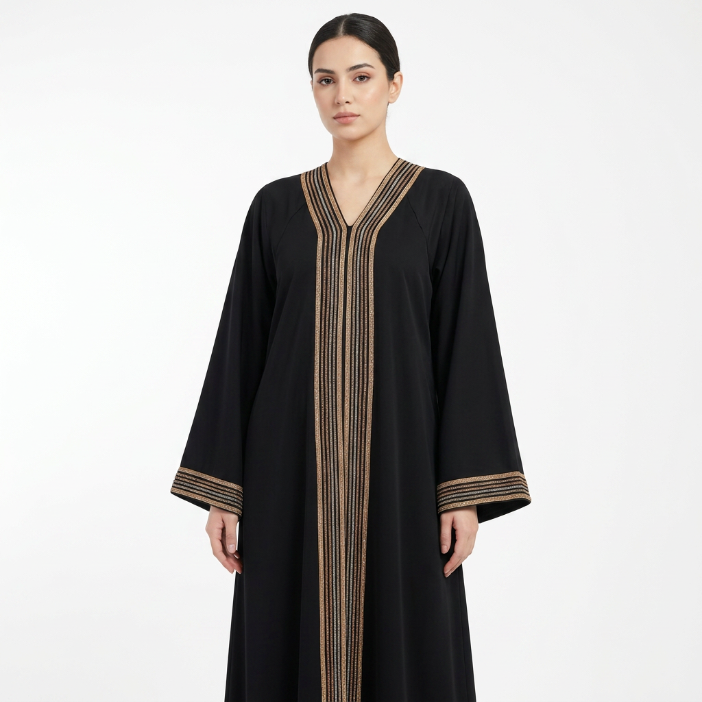 Black Gold Multi Stripe Front Panel Abaya