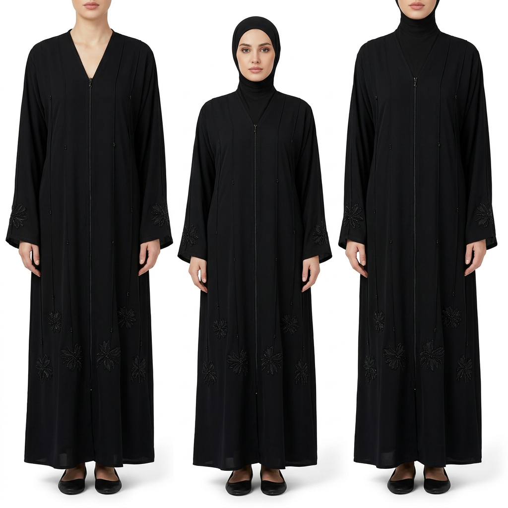 Black Tonal Starburst Cuff Bead Stripe Abaya