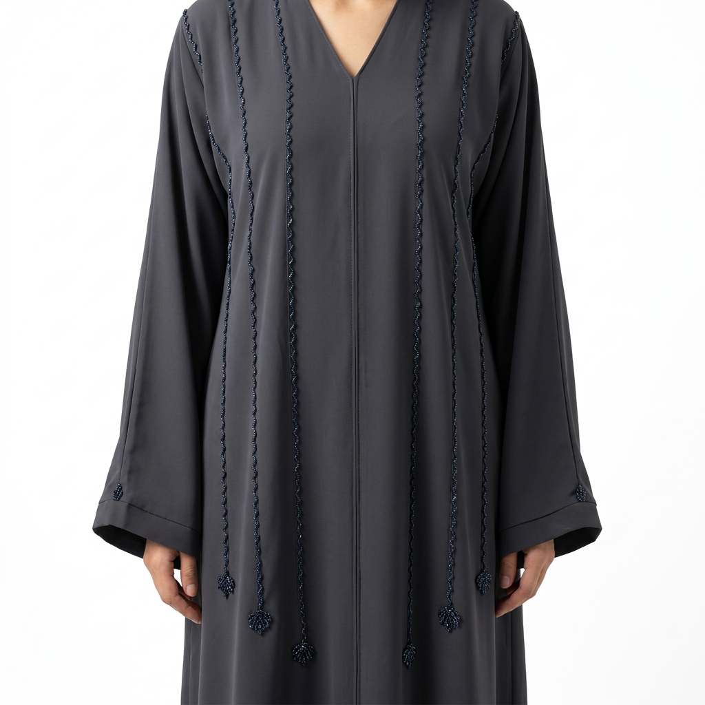 Charcoal Grey Tonal Braided Rope Tassel Stripe Abaya