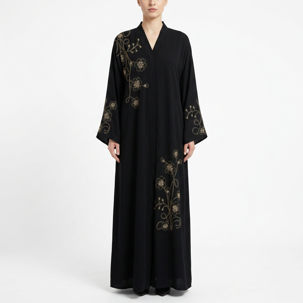 Black Gold Floral Swirl Shoulder Blossom Abaya