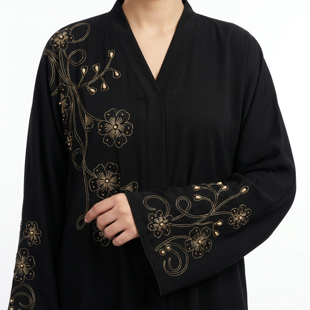 Black Gold Floral Swirl Shoulder Blossom Abaya