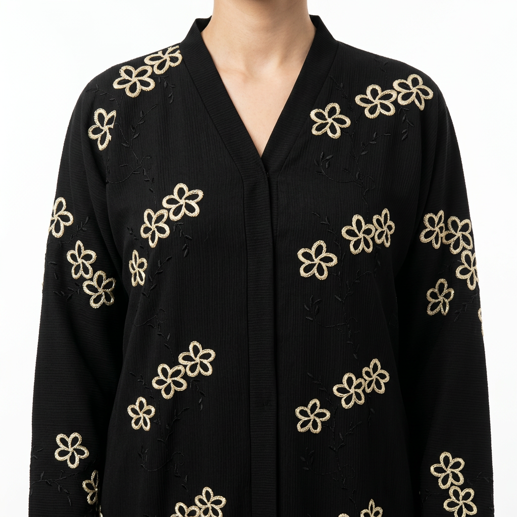 Black Gold Open Daisy Chain Allover Scattered Abaya