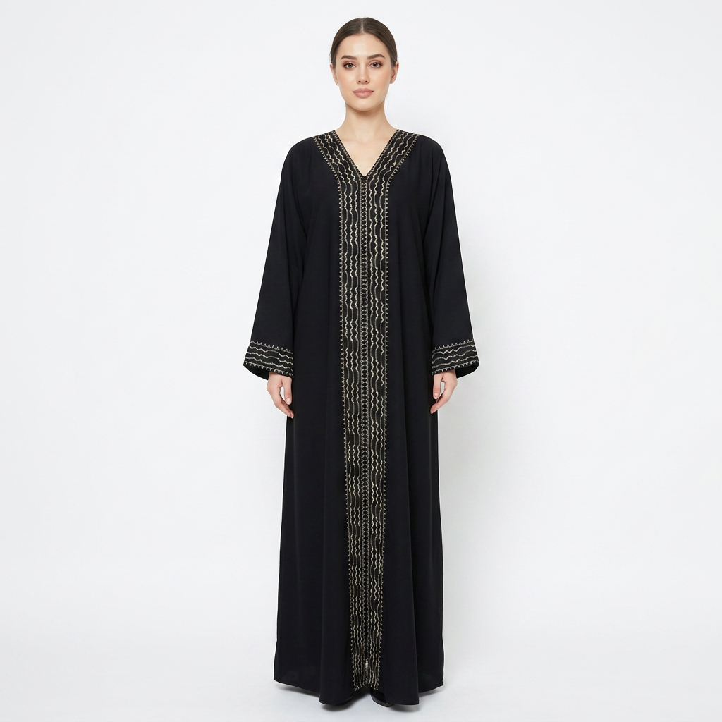 Black Gold Multi Zigzag Wave Stripe Front Panel Abaya