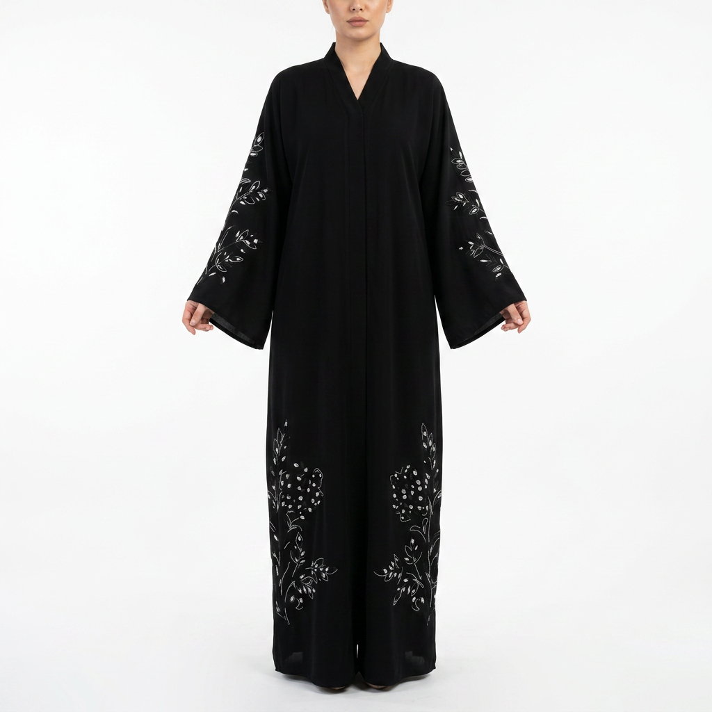 Black White Silver Crystal Botanical Sleeve Abaya