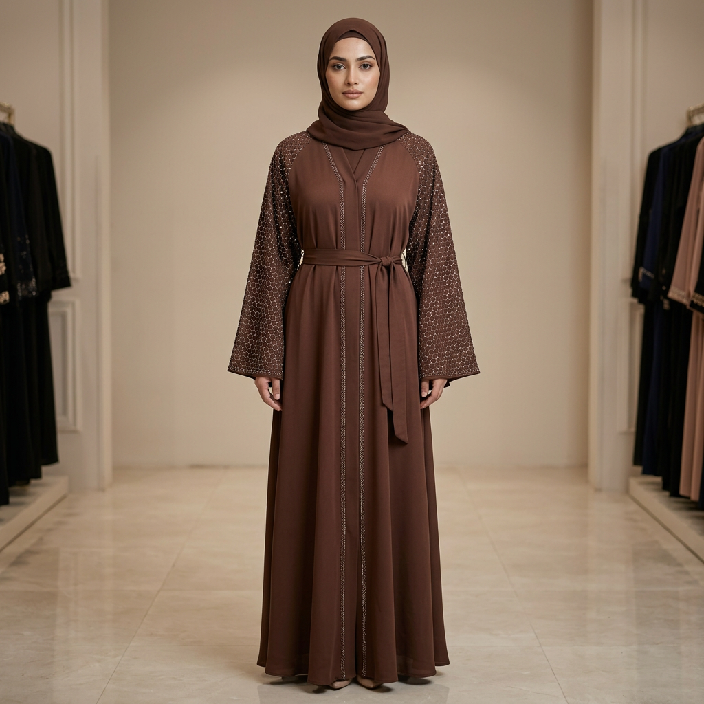Chocolate Brown Honeycomb Rhinestone Sleeve Open Abaya with Belt