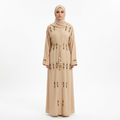 Beige Floral Embroidered Open Abaya with Tassel Belt