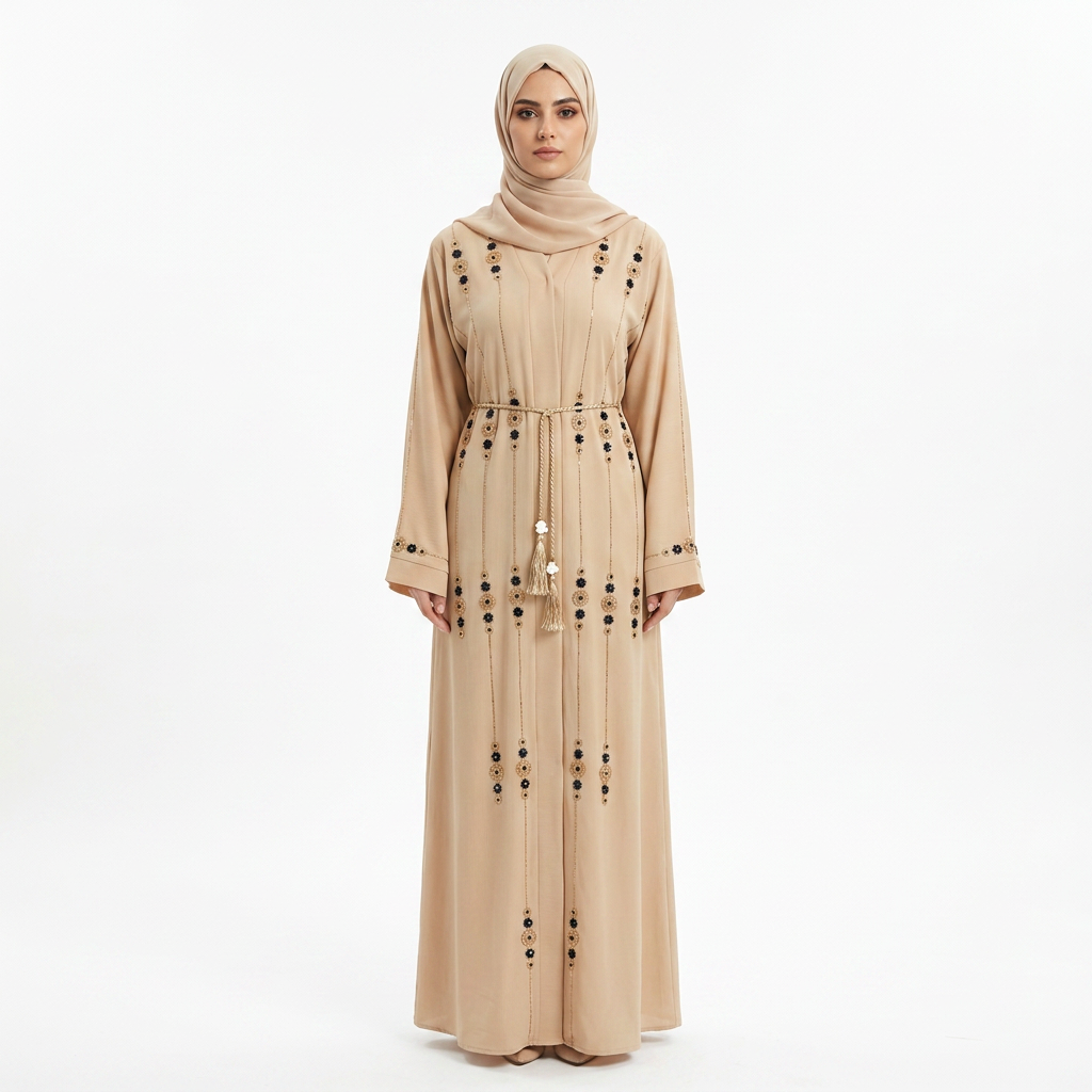 Beige Floral Embroidered Open Abaya with Tassel Belt