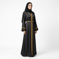 Black Gold Zigzag Satin Belted Front Panel Abaya