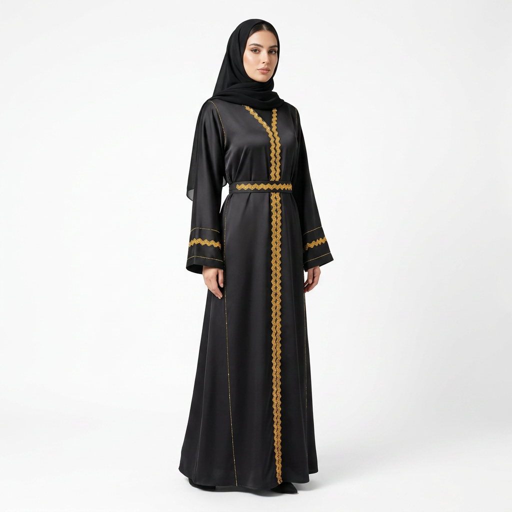 Black Gold Zigzag Satin Belted Front Panel Abaya
