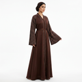 Chocolate Brown Honeycomb Rhinestone Sleeve Open Abaya with Belt