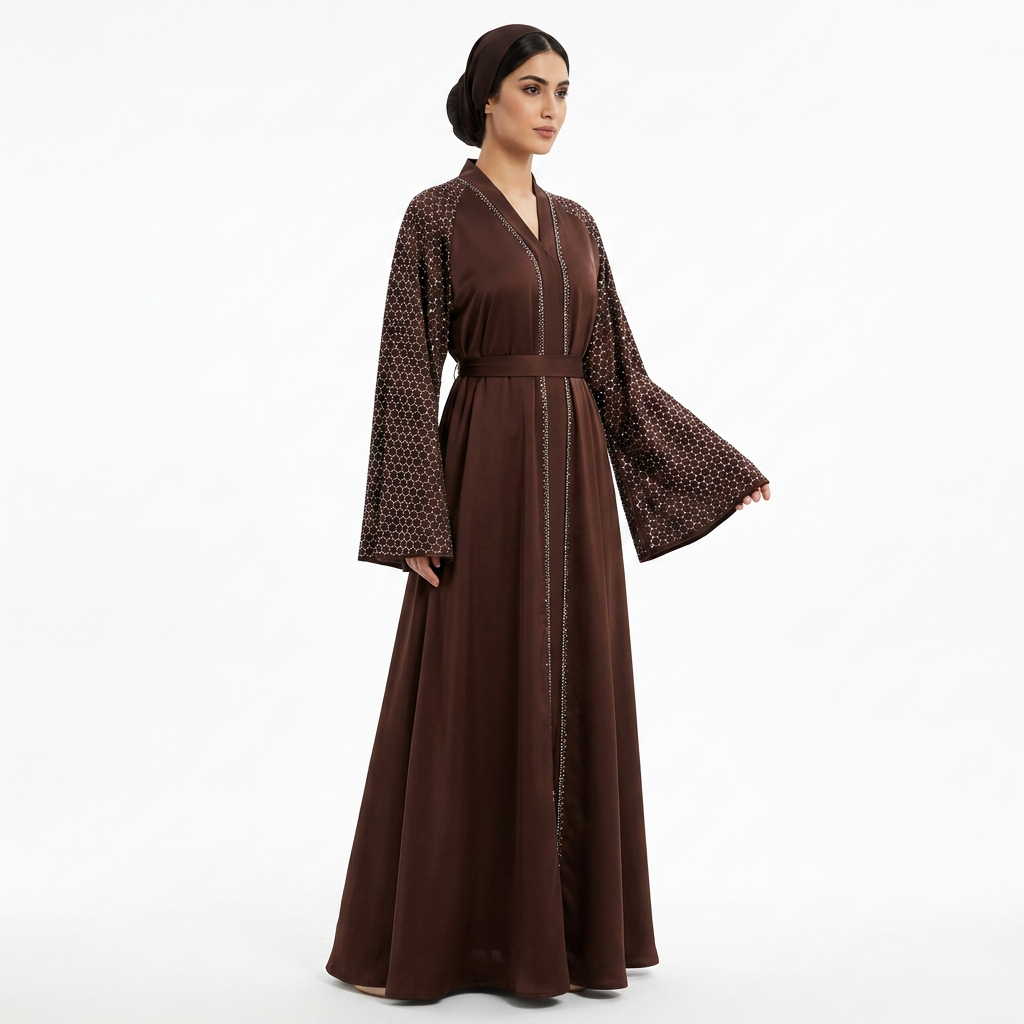 Chocolate Brown Honeycomb Rhinestone Sleeve Open Abaya with Belt