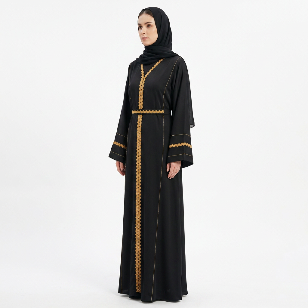 Black Gold Zigzag Satin Belted Front Panel Abaya