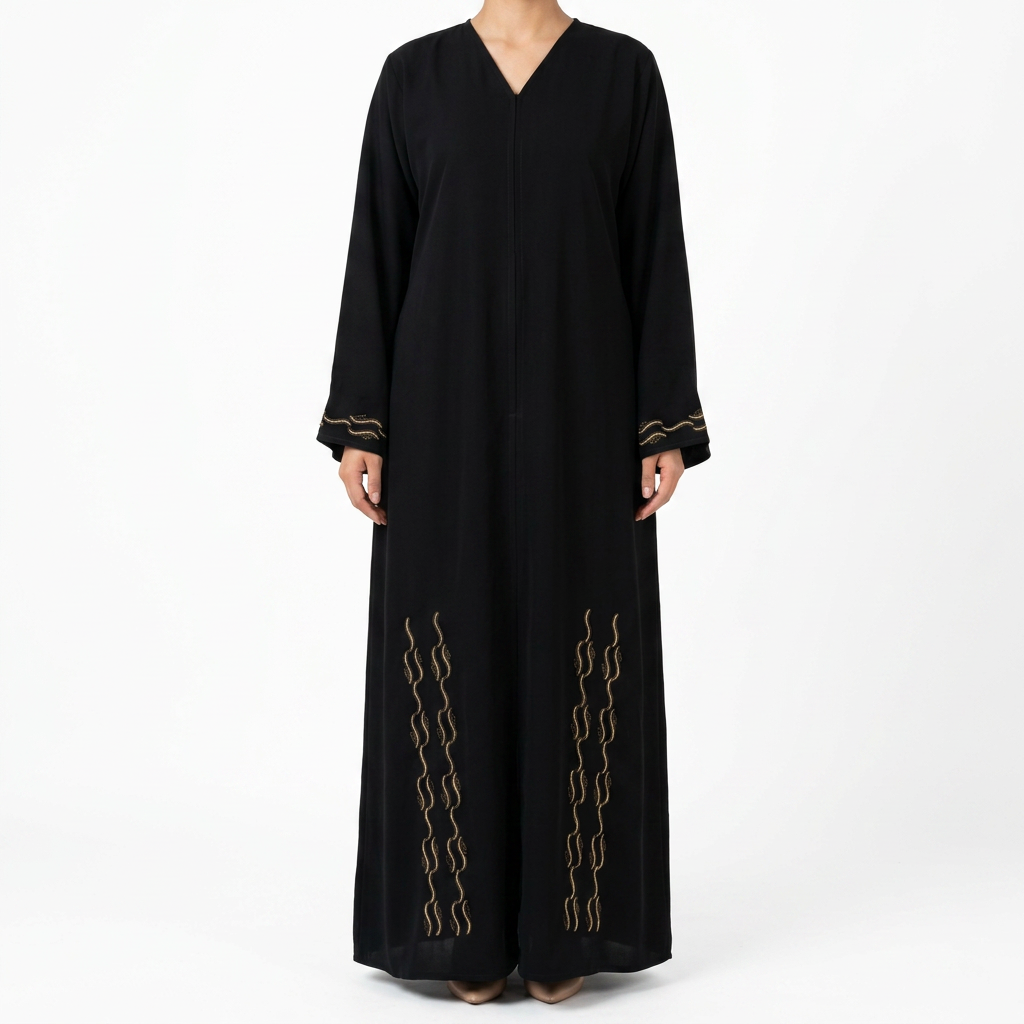 Black Gold Wave Stripe Cuff Hem Abaya