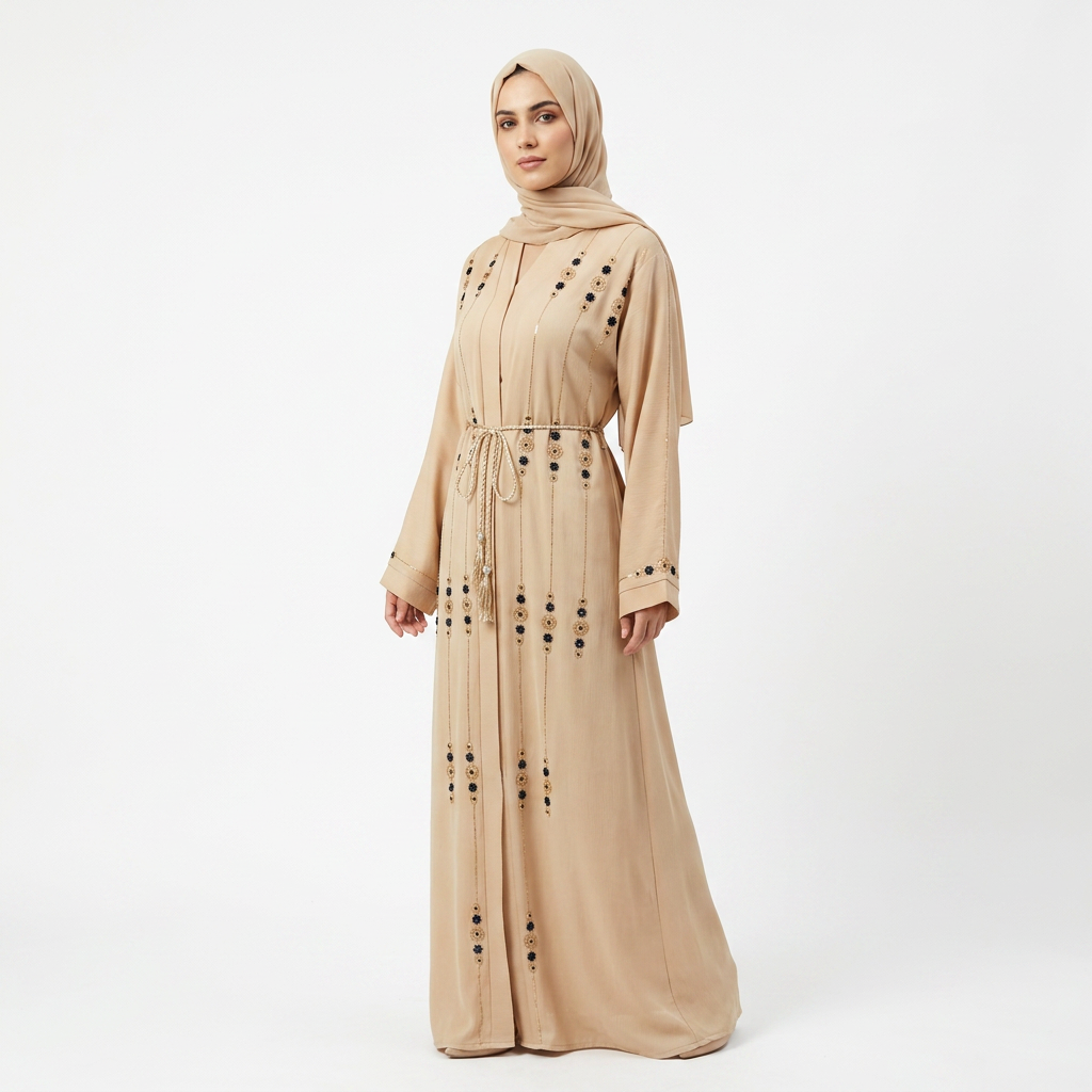 Beige Floral Embroidered Open Abaya with Tassel Belt