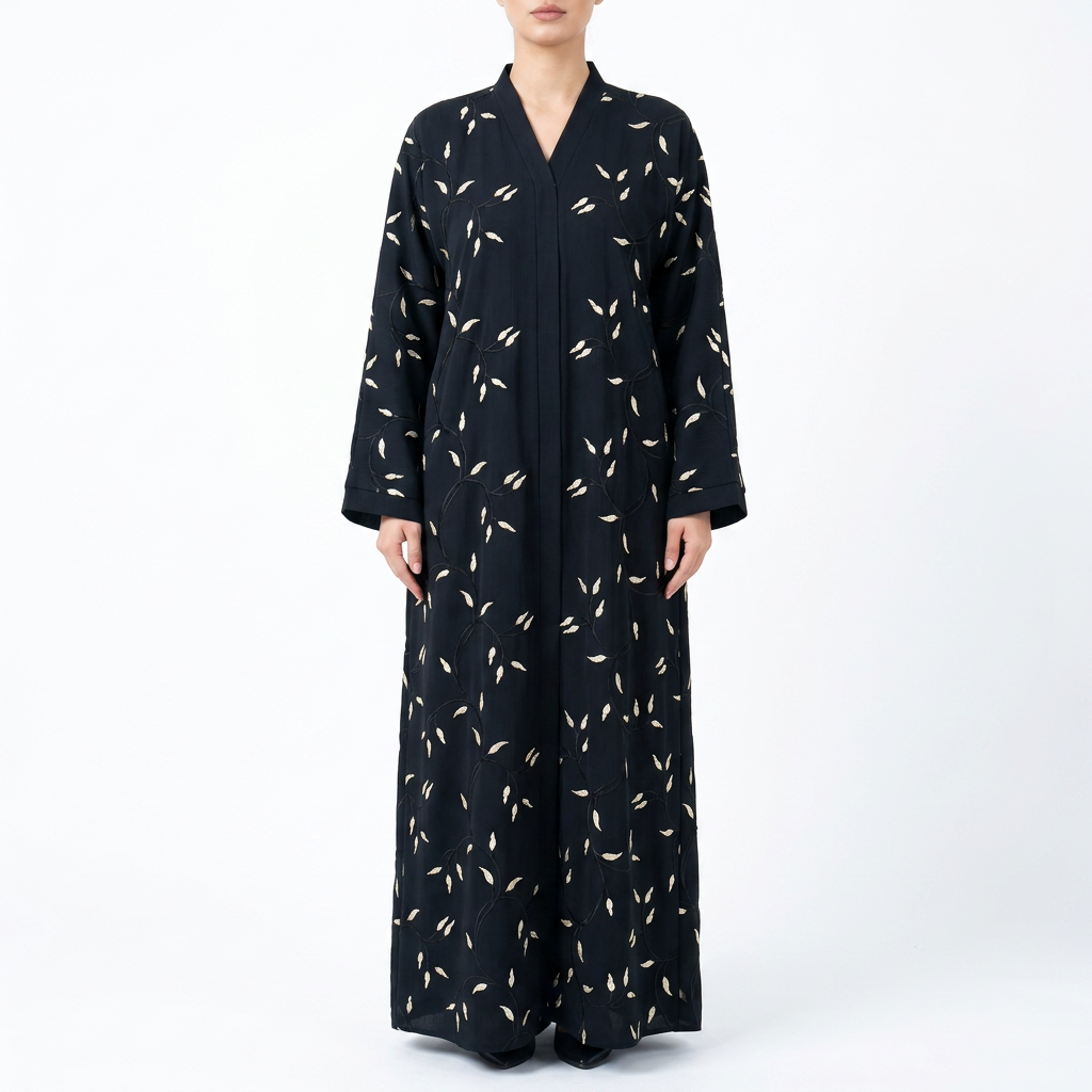 Black Gold Scattered Tiny Leaf Blossom Allover Abaya