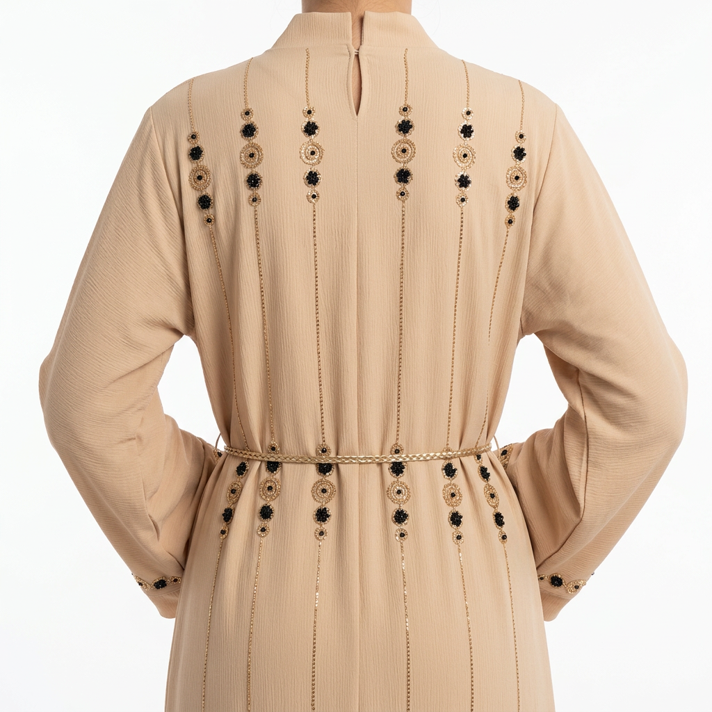 Beige Floral Embroidered Open Abaya with Tassel Belt
