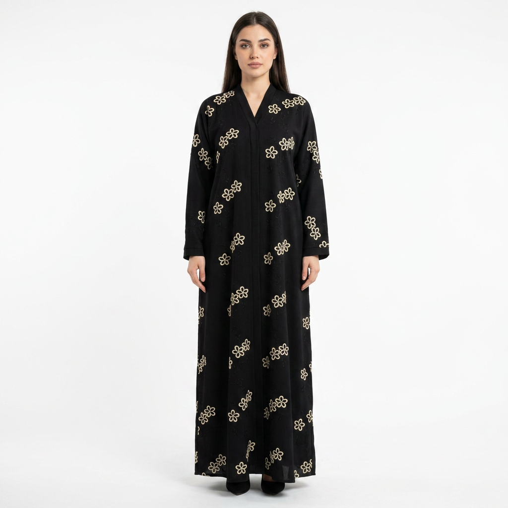 Black Gold Open Daisy Chain Allover Scattered Abaya