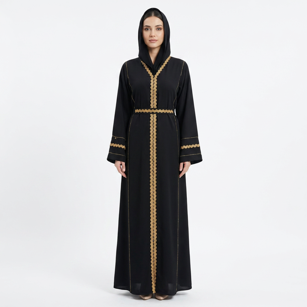 Black Gold Zigzag Satin Belted Front Panel Abaya