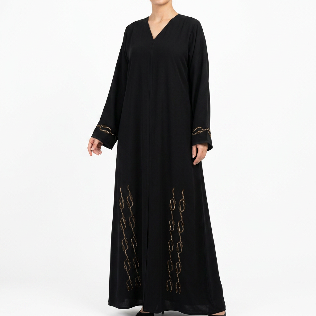 Black Gold Wave Stripe Cuff Hem Abaya