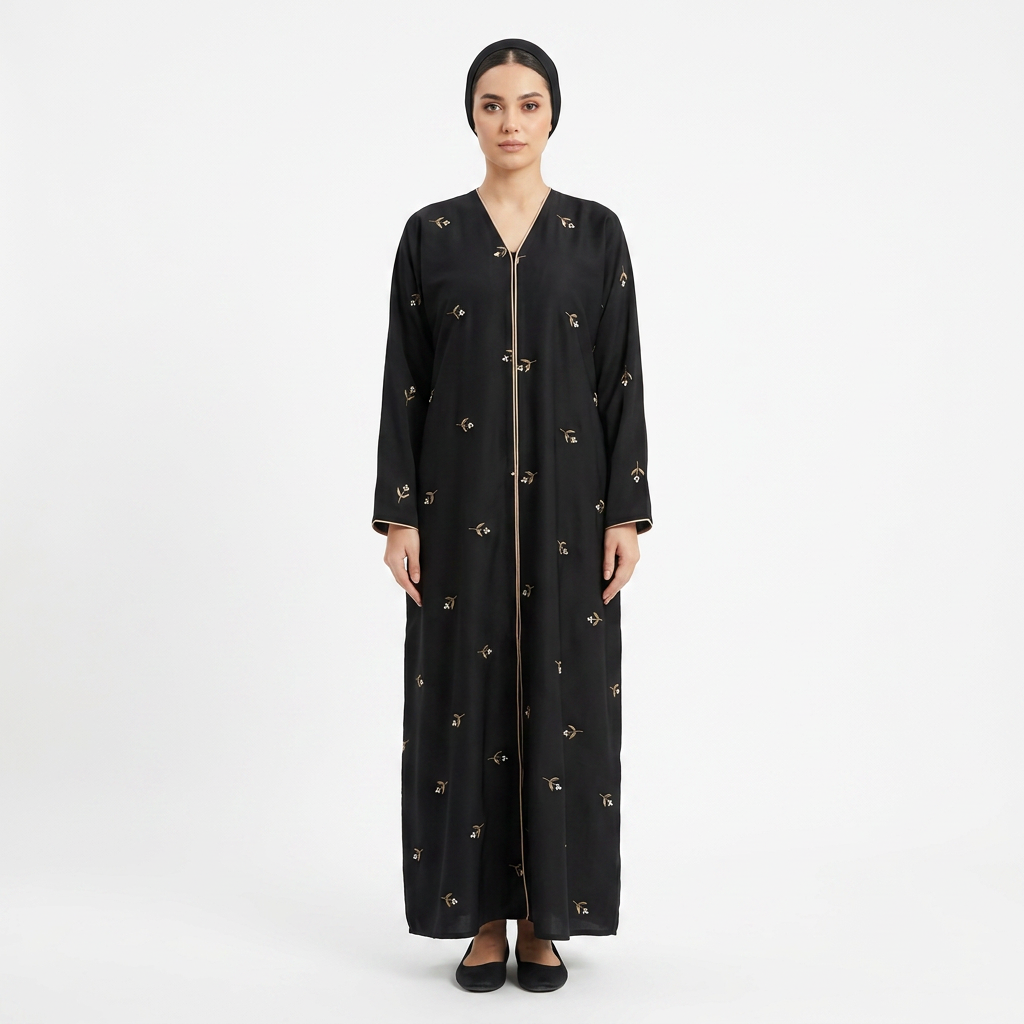 Black Gold Tiny Blossom Branch Scattered Abaya