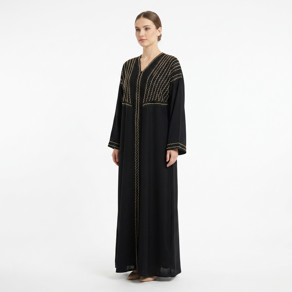 Black Gold Zigzag Stripe Shoulder Panel Abaya