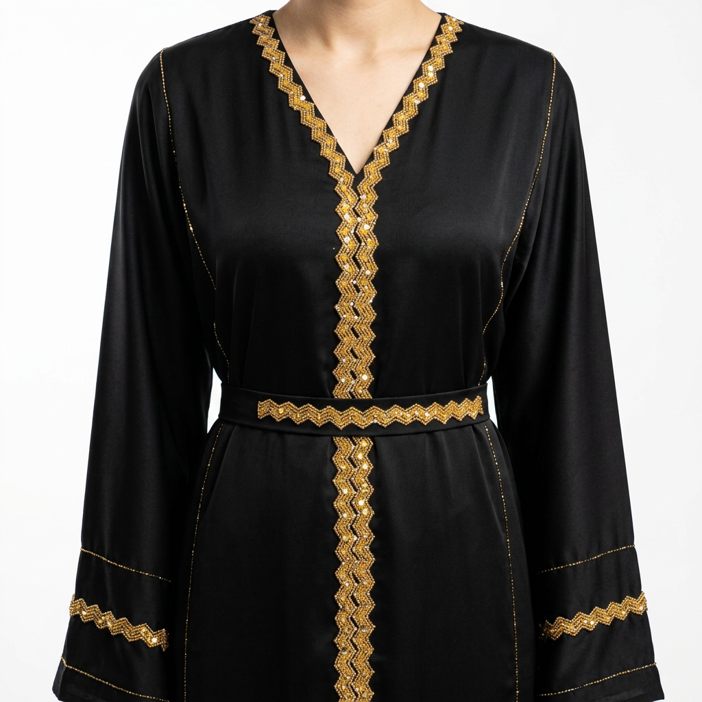 Black Gold Zigzag Satin Belted Front Panel Abaya