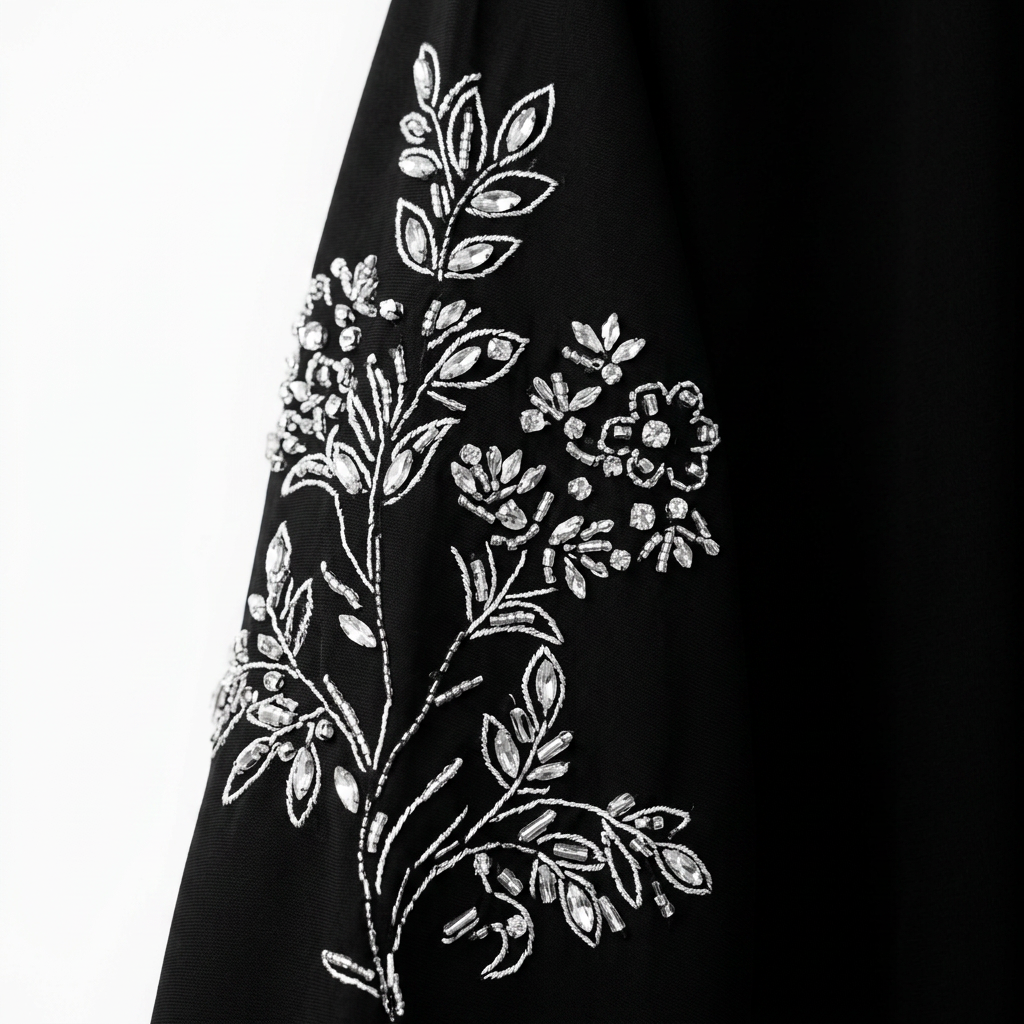 Black White Silver Crystal Botanical Sleeve Abaya
