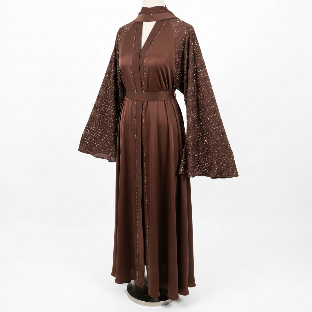 Chocolate Brown Honeycomb Rhinestone Sleeve Open Abaya with Belt