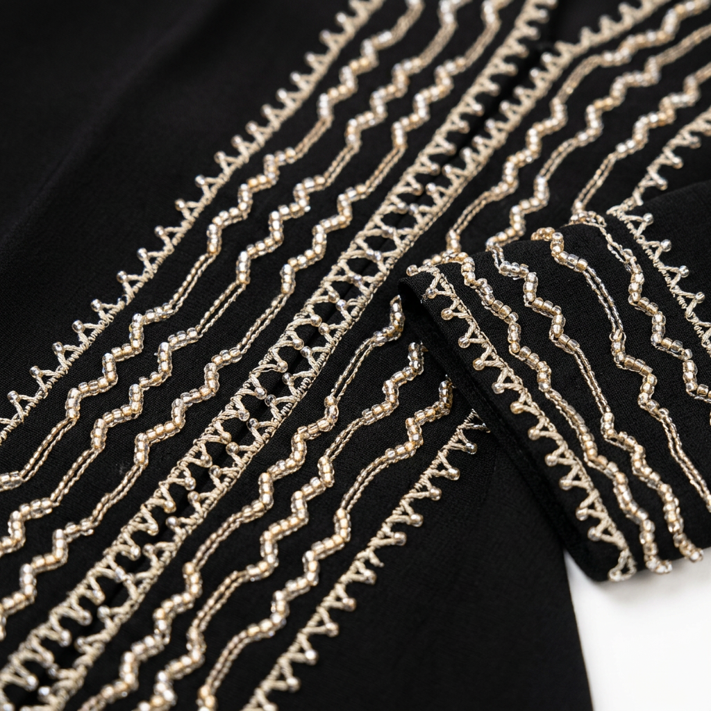 Black Gold Multi Zigzag Wave Stripe Front Panel Abaya