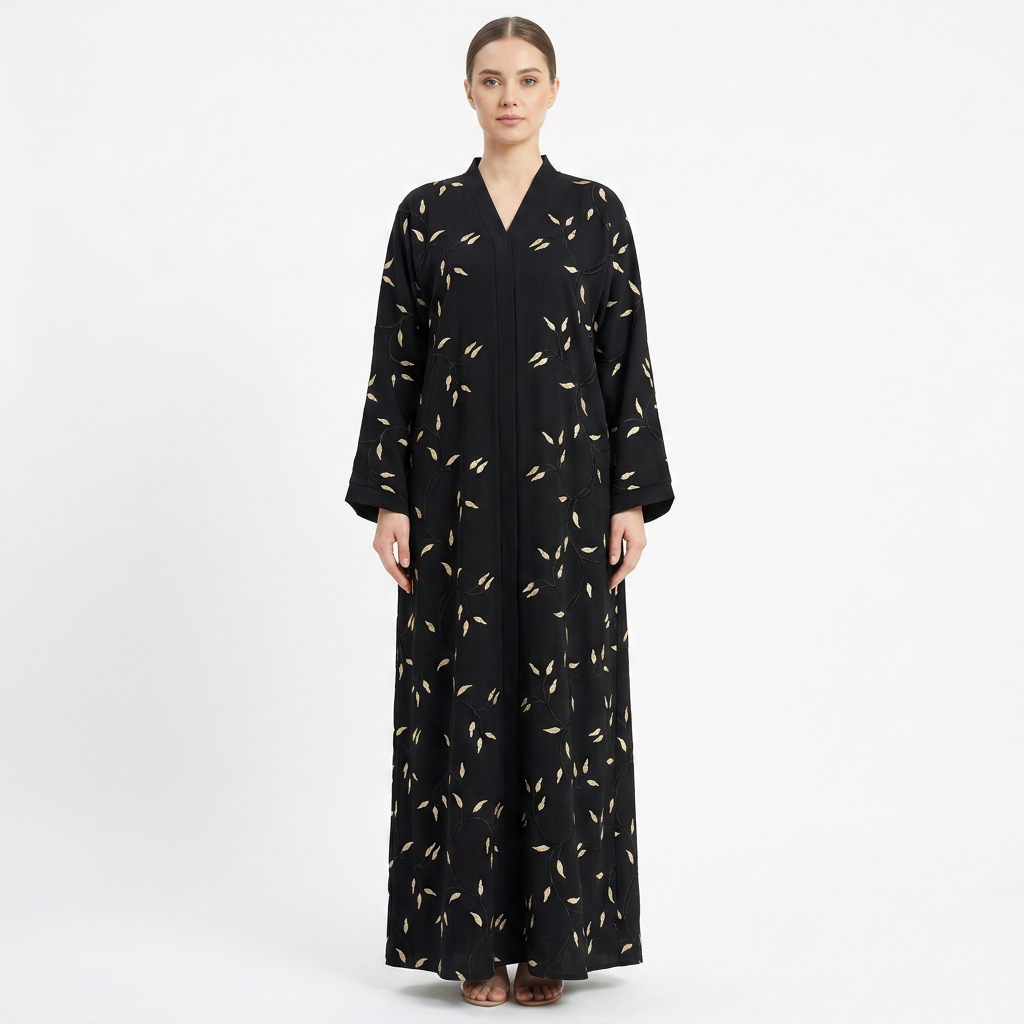 Black Gold Scattered Tiny Leaf Blossom Allover Abaya