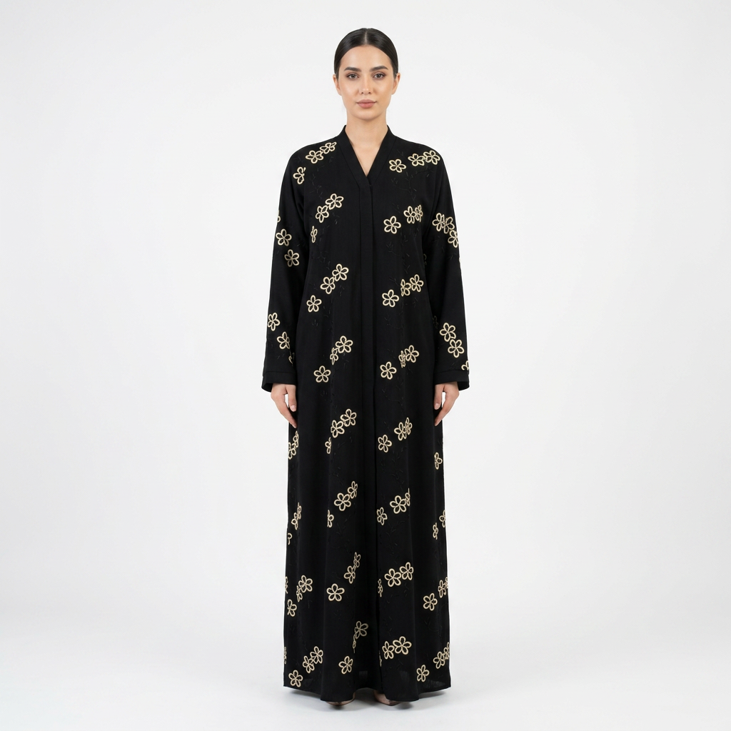 Black Gold Open Daisy Chain Allover Scattered Abaya